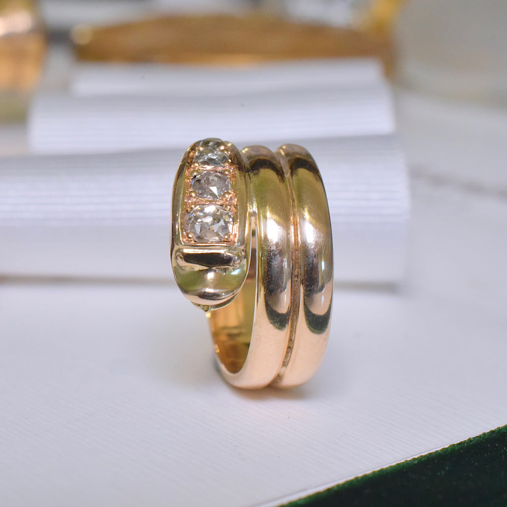 Antique Edwardian 18ct Yellow Gold And Diamond Snake Ring - Circa 1910