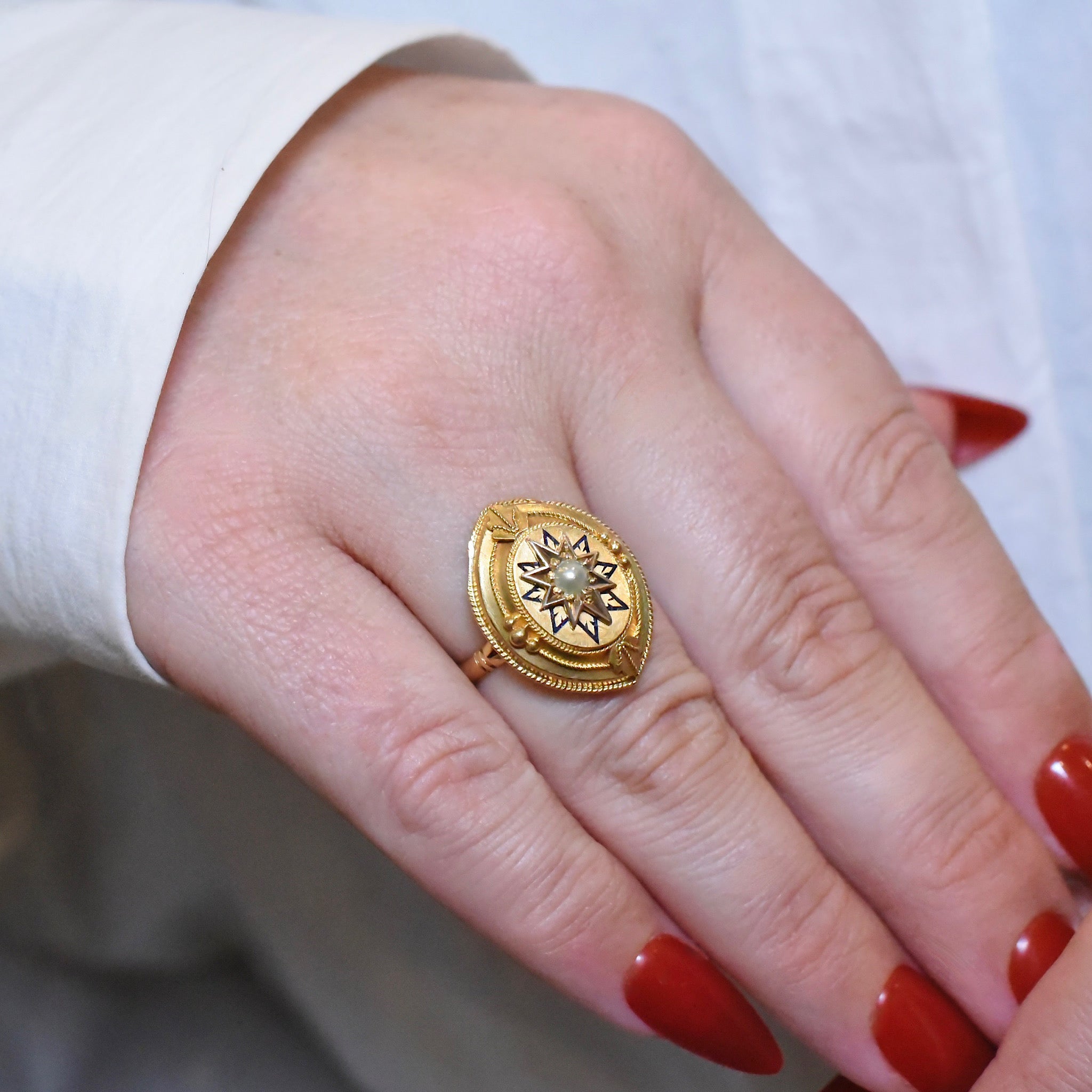 Antique Victorian Etruscan Revival 9ct And 15ct Yellow Gold Pearl & Enamel Ring Circa 1870-1885