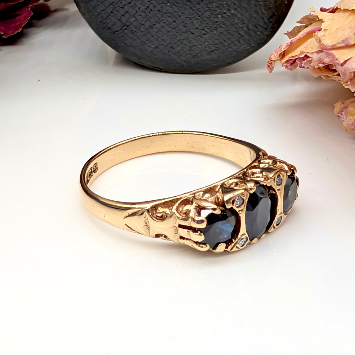 Vintage 9ct Yellow Gold Sapphire and Diamond Bridge Ring Birmingham 1978