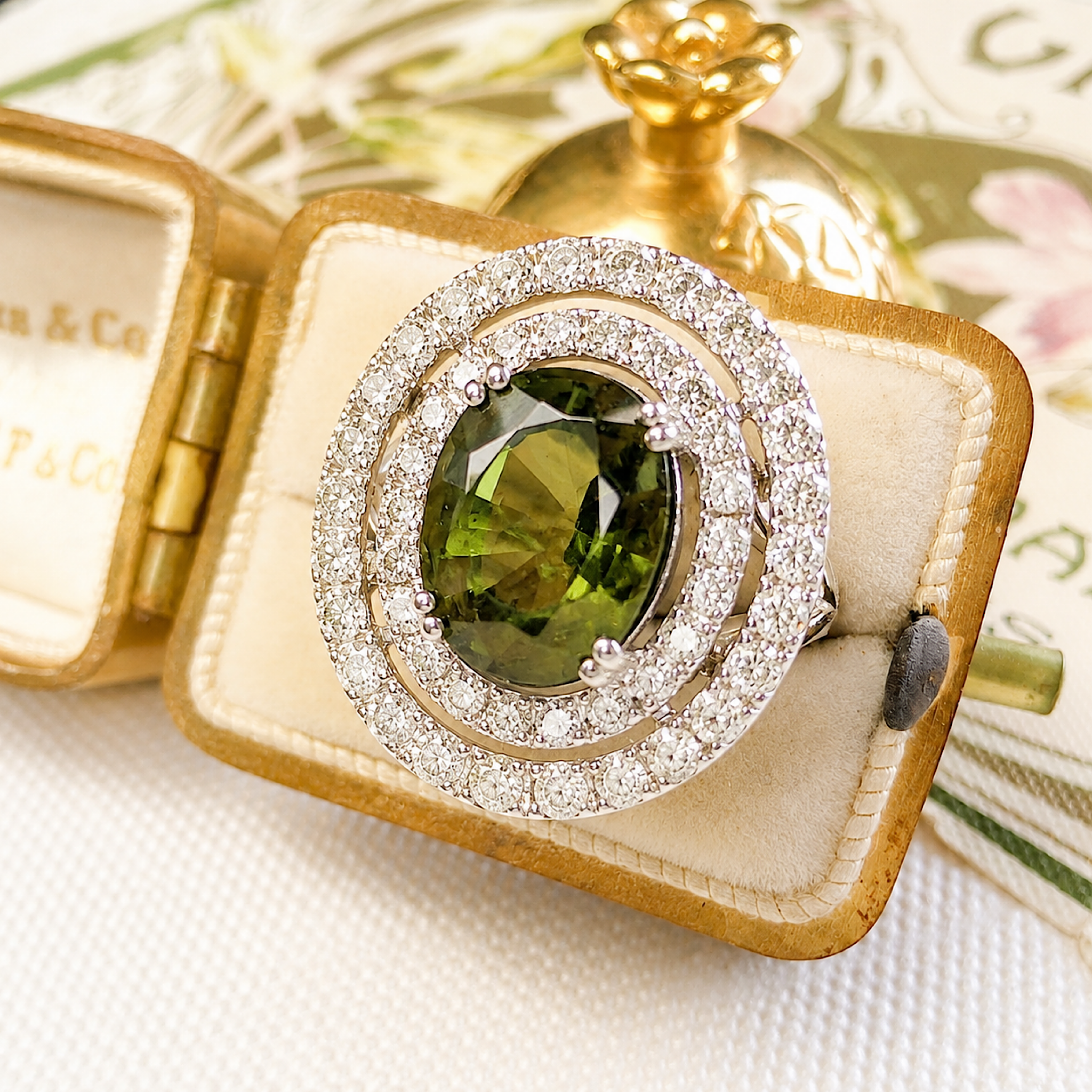 Stunning Contemporary 14ct White Gold Green Sapphire & Diamond Double Halo Ring. Independent Gemmological Valuation included $16,100 AUD