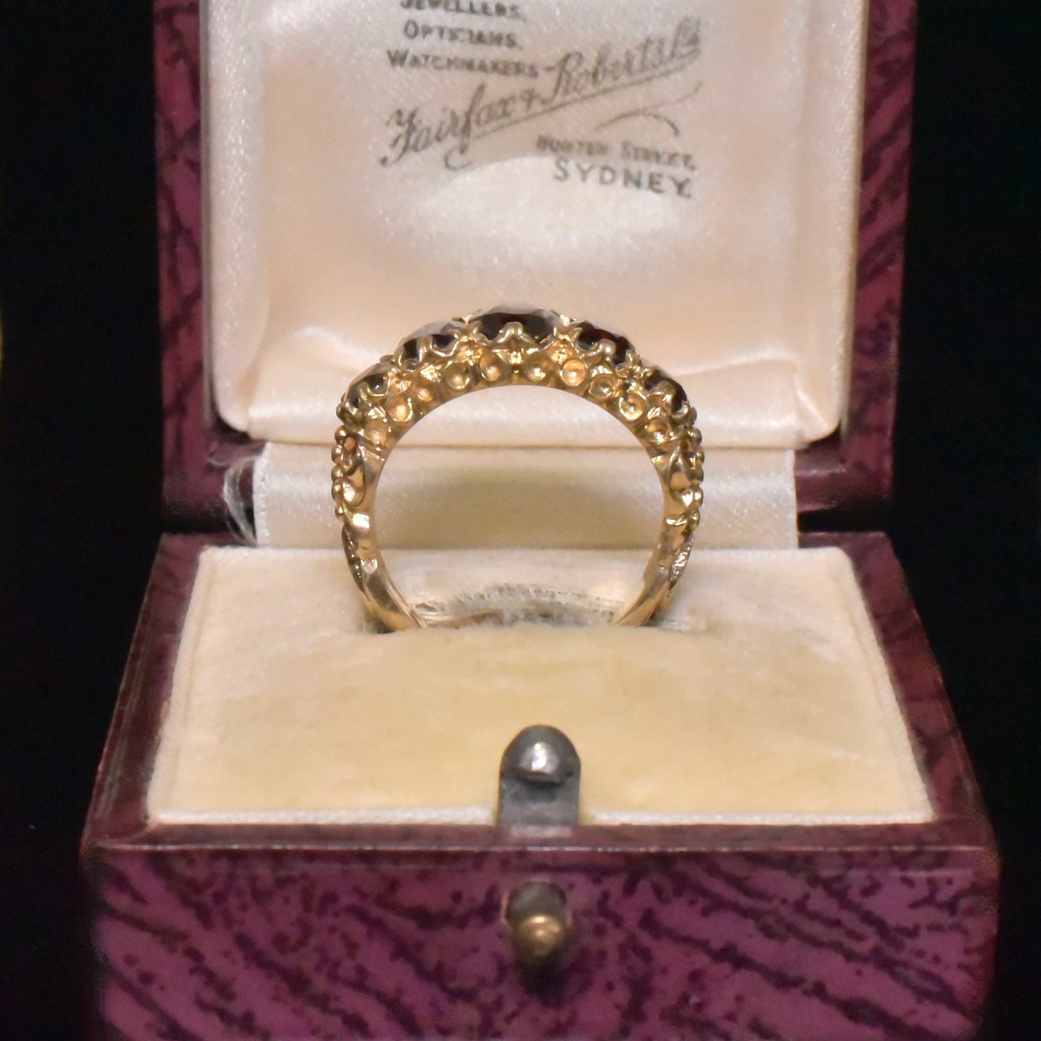 Vintage 9ct Yellow Gold Garnet Five-Stone Half Hoop Ring - Birmingham 1972