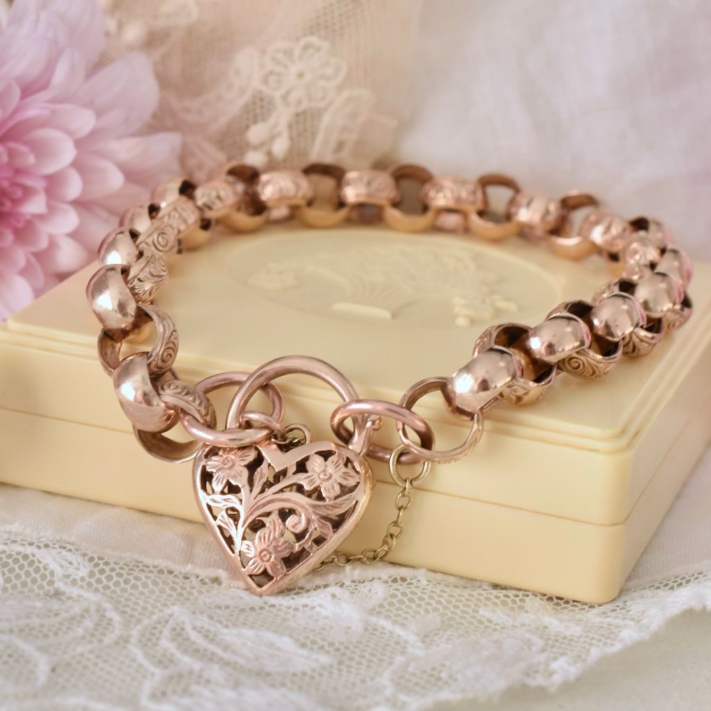 Modern 9ct Rose Gold Fancy Floral Belcher Link Padlock Bracelet - 22cm