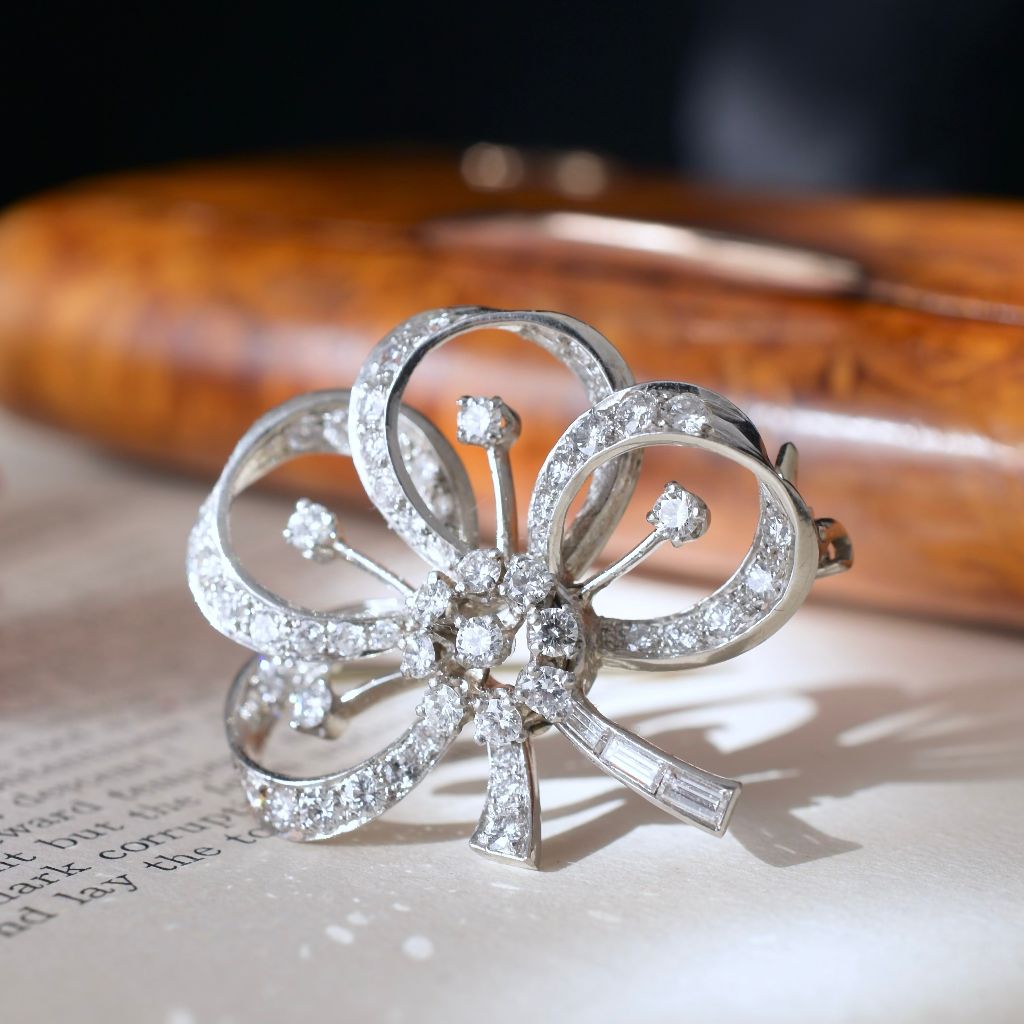 Antique Art Deco-Retro Era Platinum And Diamond ‘Bow’ Brooch Circa 1940