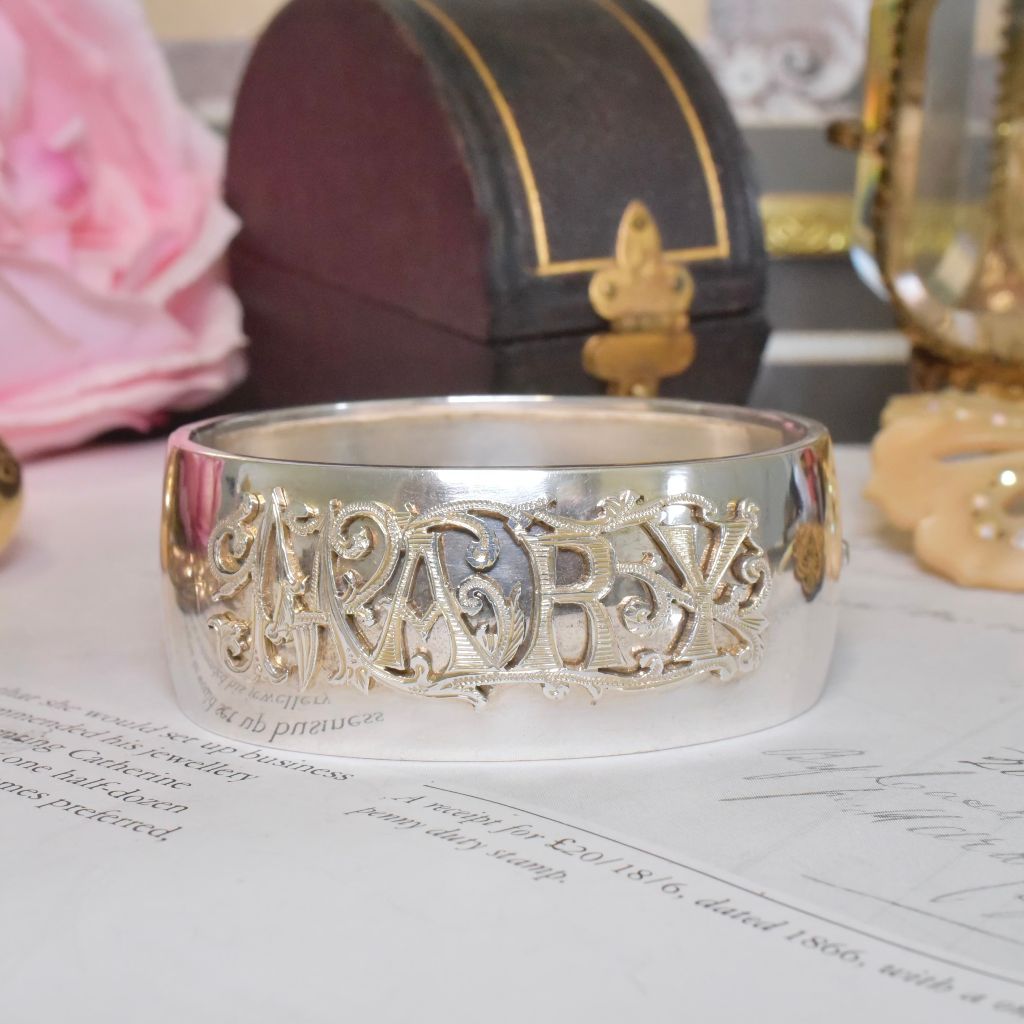 Superb Antique Victorian Sterling Silver ‘Mary’ Bangle By P. Orr And Sons Madras With Original Box Circa 1880-90’s