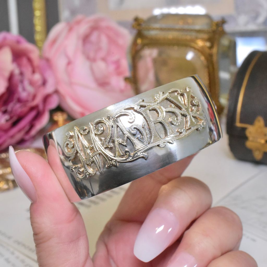 Superb Antique Victorian Sterling Silver ‘Mary’ Bangle By P. Orr And Sons Madras With Original Box Circa 1880-90’s