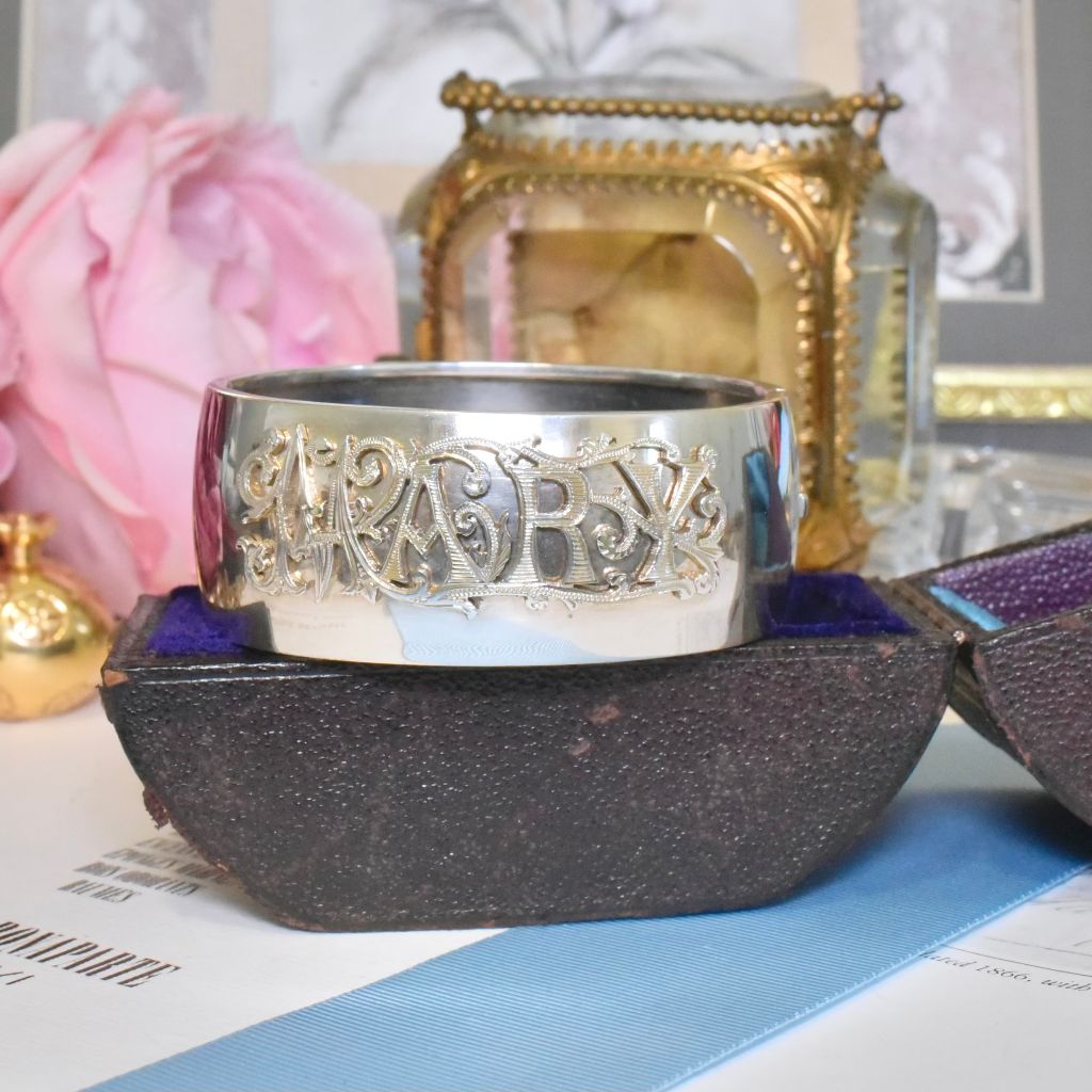 Superb Antique Victorian Sterling Silver ‘Mary’ Bangle By P. Orr And Sons Madras With Original Box Circa 1880-90’s