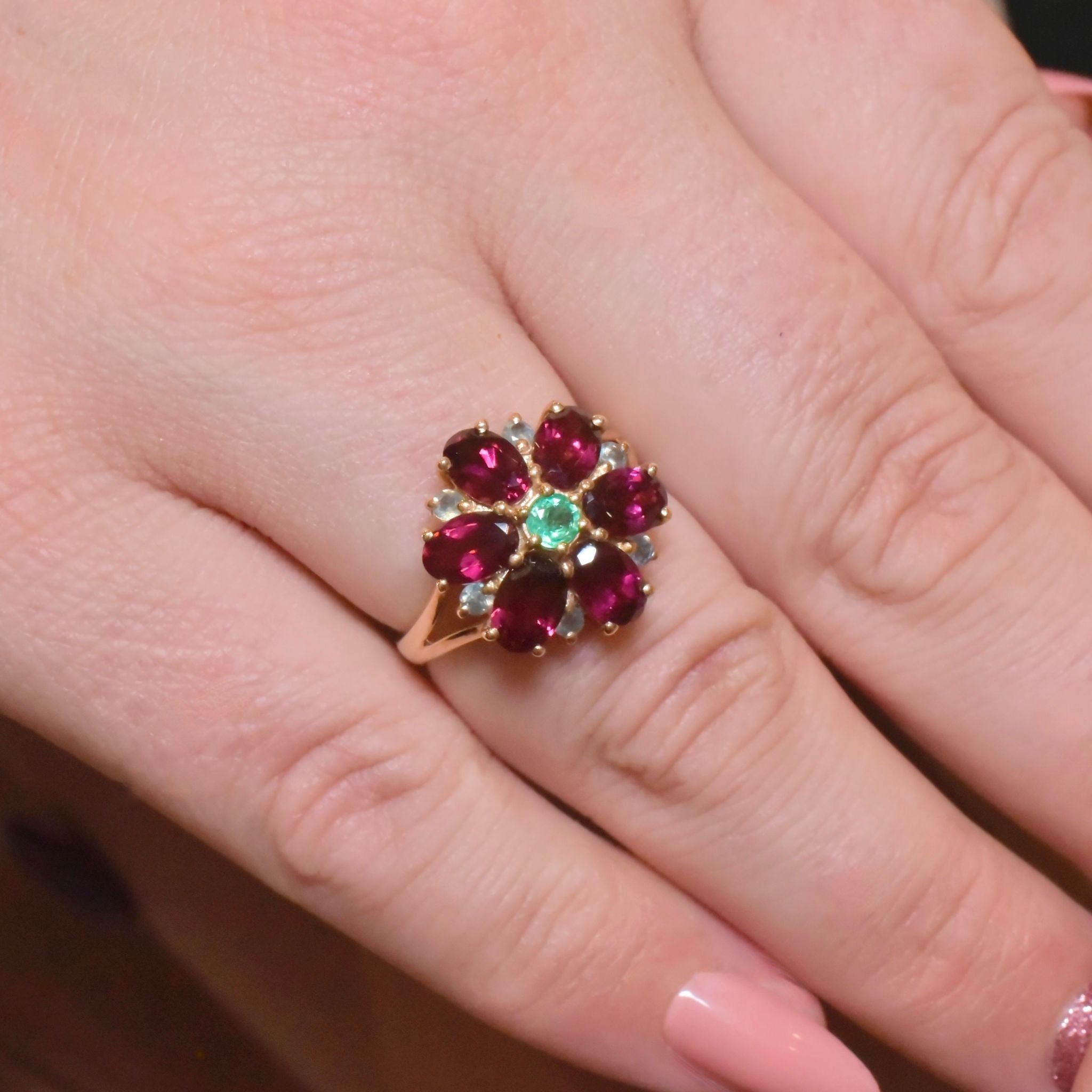 Contemporary 9ct Yellow Gold Garnet, Emerald, Topaz Daisy Halo Ring