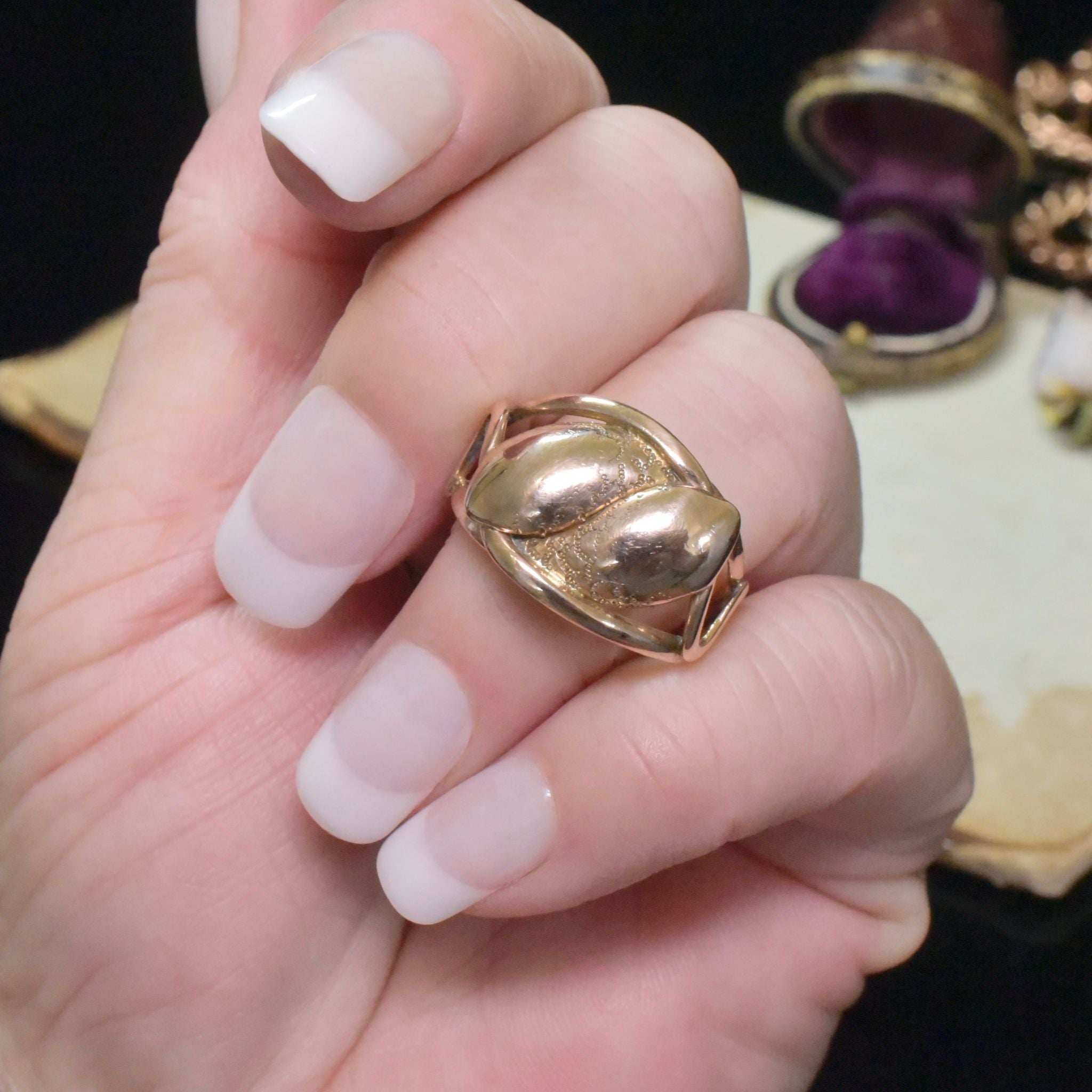 Antique Edwardian 9ct Rose Gold Double Serpent Ring - Chester 1912