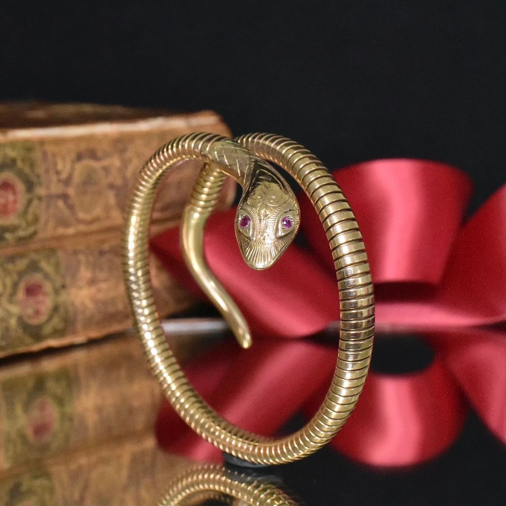 Superb Vintage 9ct Yellow Gold And Ruby Serpent Bangle - By ‘Cropp & Farr’ - Hatton Garden - Chester Hallmarks 1961