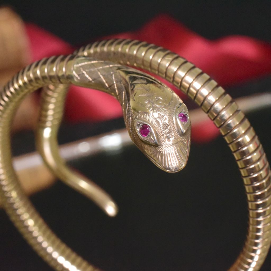 Superb Vintage 9ct Yellow Gold And Ruby Serpent Bangle - By ‘Cropp & Farr’ - Hatton Garden - Chester Hallmarks 1961