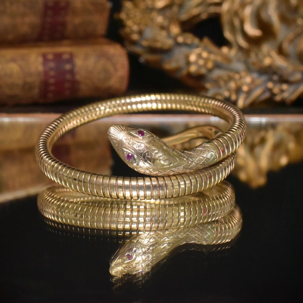 Superb Vintage 9ct Yellow Gold And Ruby Serpent Bangle - By ‘Cropp & Farr’ - Hatton Garden - Chester Hallmarks 1961