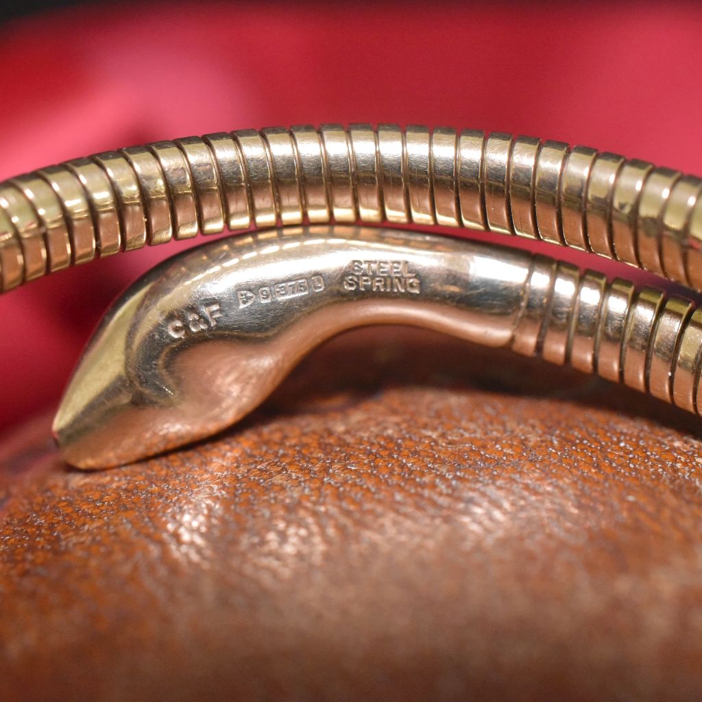 Superb Vintage 9ct Yellow Gold And Ruby Serpent Bangle - By ‘Cropp & Farr’ - Hatton Garden - Chester Hallmarks 1961