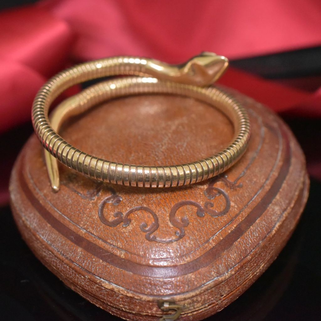 Superb Vintage 9ct Yellow Gold And Ruby Serpent Bangle - By ‘Cropp & Farr’ - Hatton Garden - Chester Hallmarks 1961