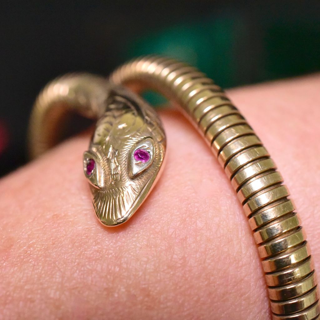 Superb Vintage 9ct Yellow Gold And Ruby Serpent Bangle - By ‘Cropp & Farr’ - Hatton Garden - Chester Hallmarks 1961