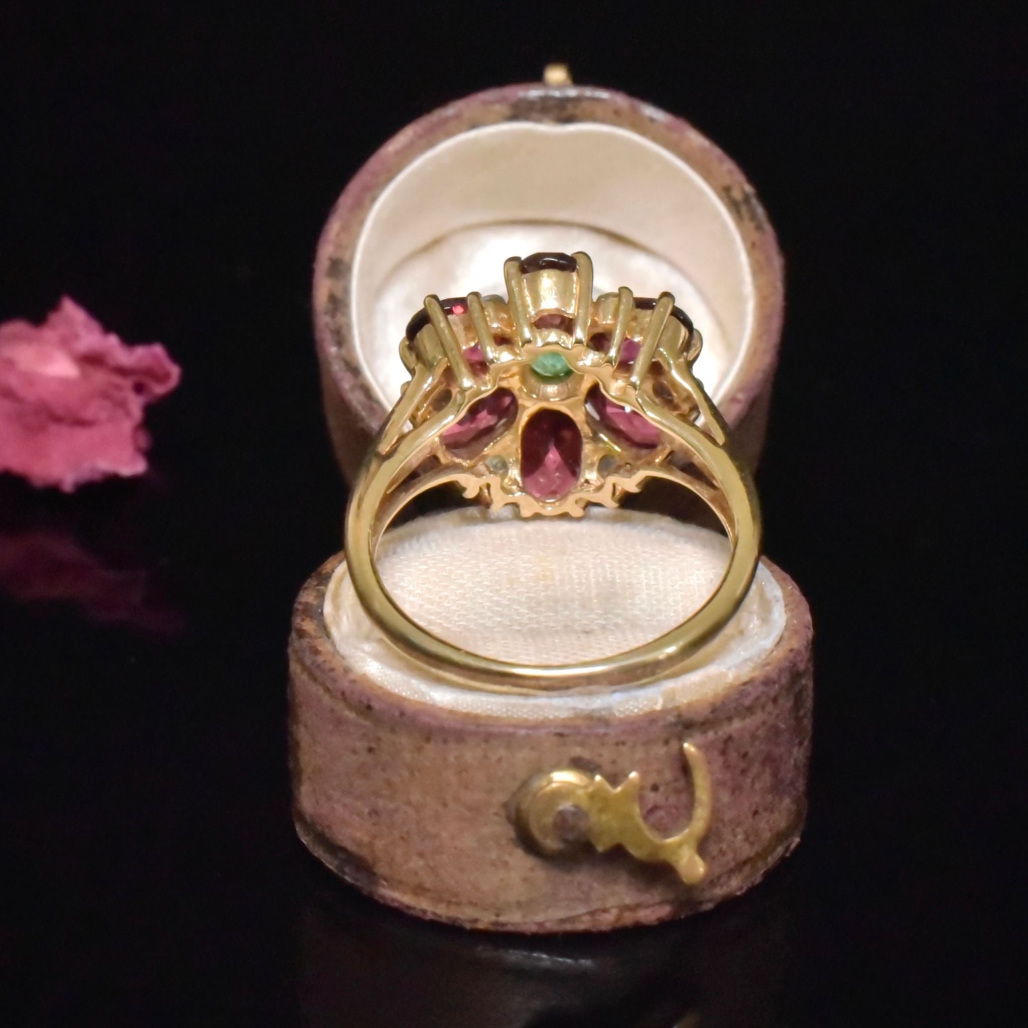 Contemporary 9ct Yellow Gold Garnet, Emerald, Topaz Daisy Halo Ring