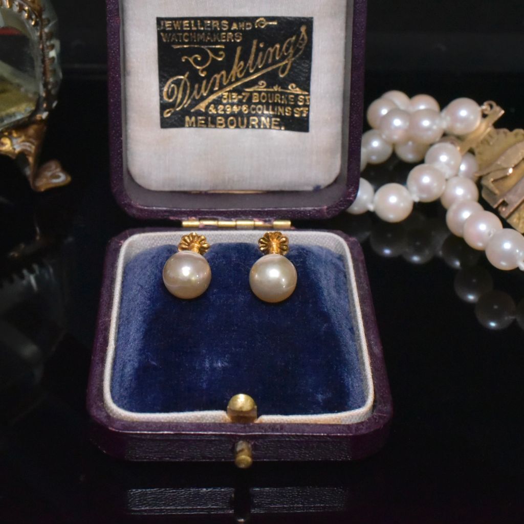 Vintage Australian 9ct Yellow Gold And Pearl Screw Back Earrings By Dunklings Circa 1930-1940’s