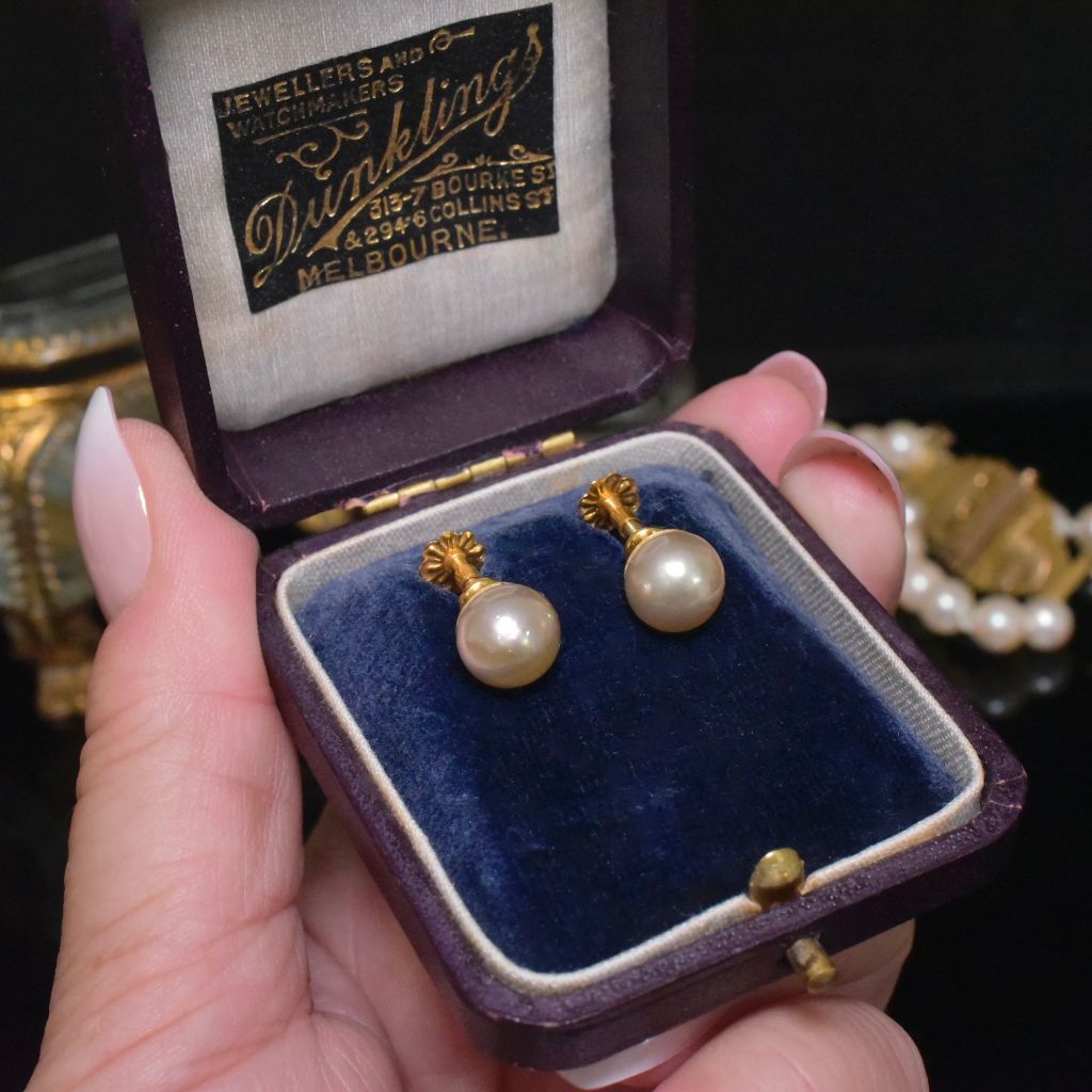 Vintage Australian 9ct Yellow Gold And Pearl Screw Back Earrings By Dunklings Circa 1930-1940’s