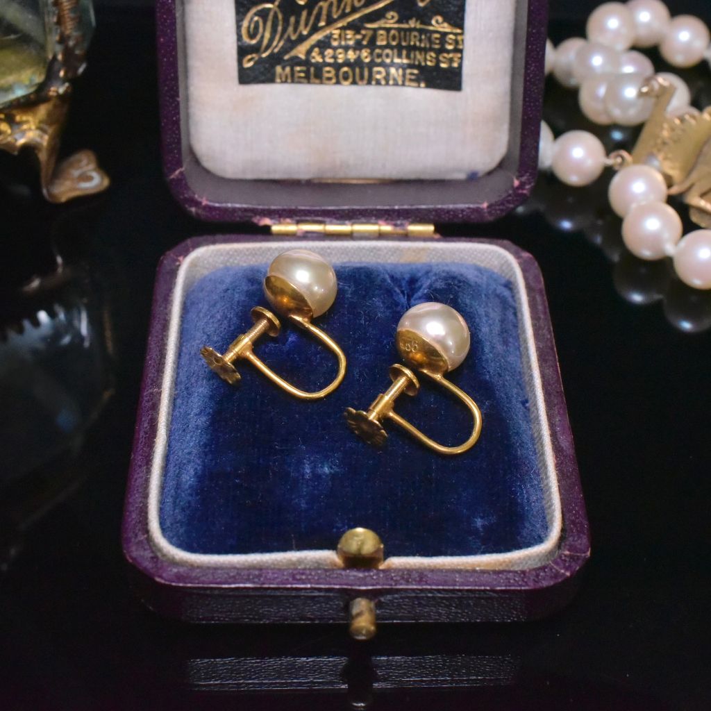 Vintage Australian 9ct Yellow Gold And Pearl Screw Back Earrings By Dunklings Circa 1930-1940’s