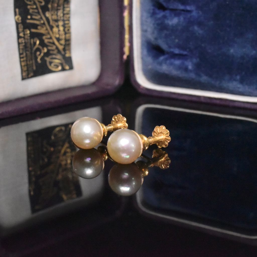 Vintage Australian 9ct Yellow Gold And Pearl Screw Back Earrings By Dunklings Circa 1930-1940’s