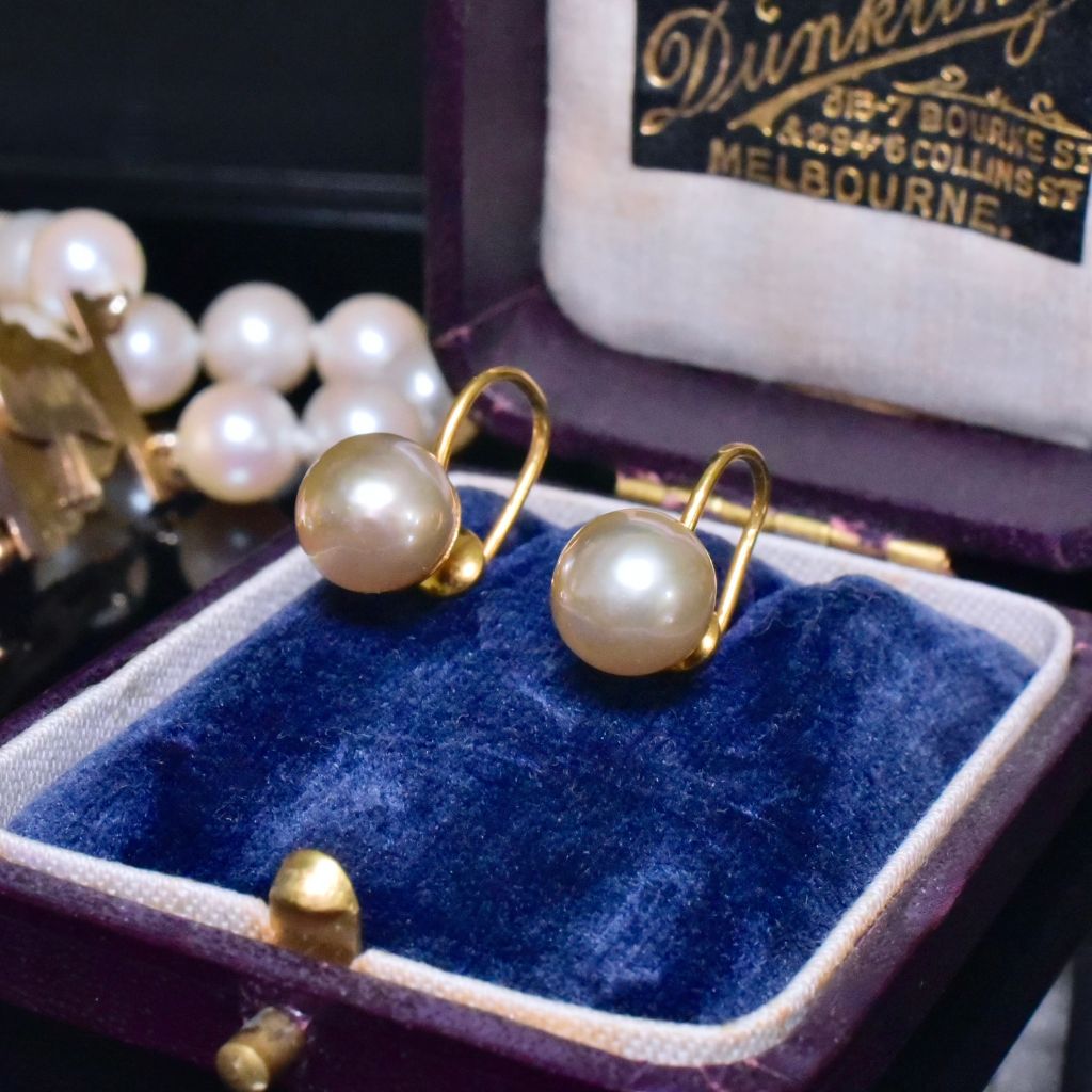 Vintage Australian 9ct Yellow Gold And Pearl Screw Back Earrings By Dunklings Circa 1930-1940’s