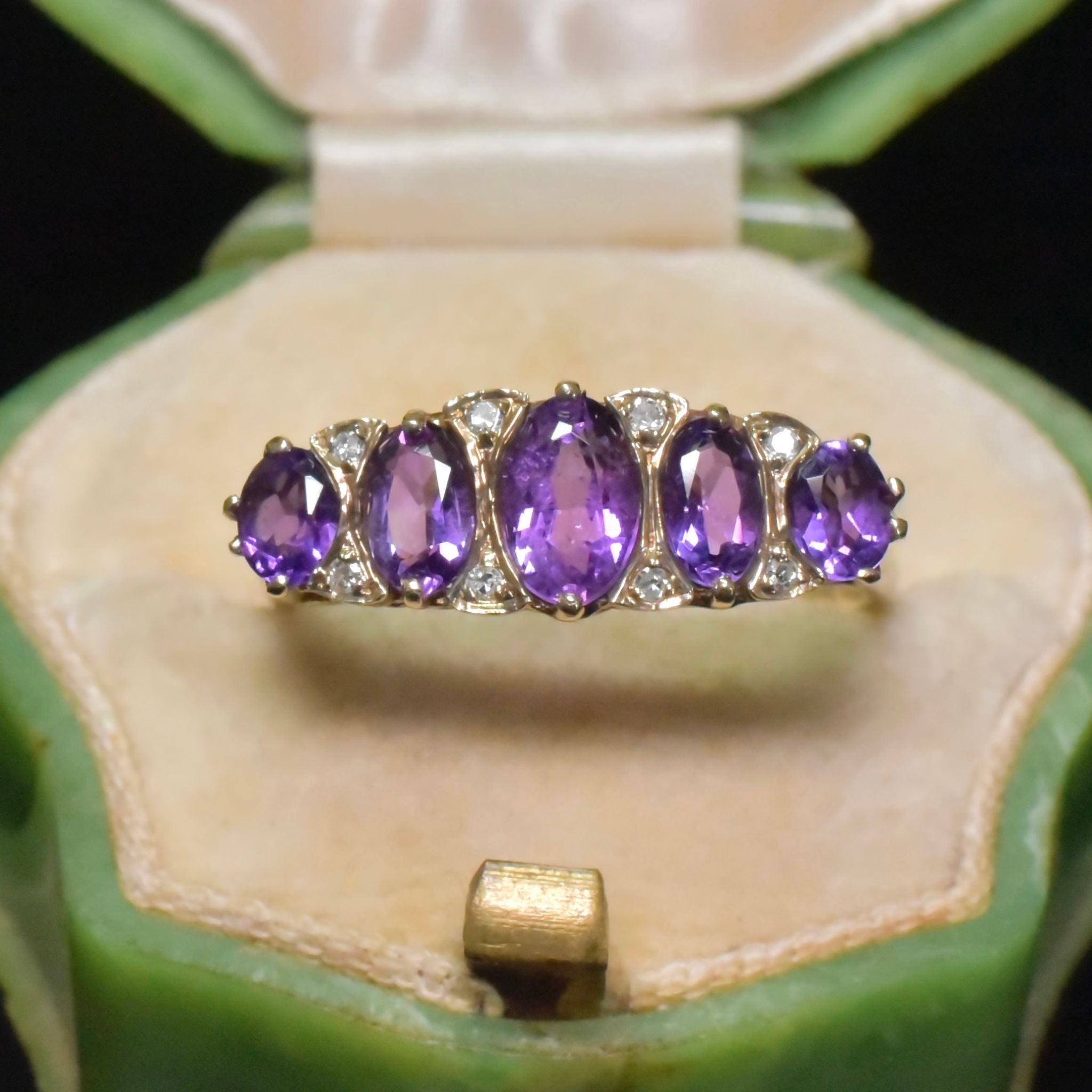 Vintage 9ct Yellow Gold Amethyst And Diamond Bridge Ring
