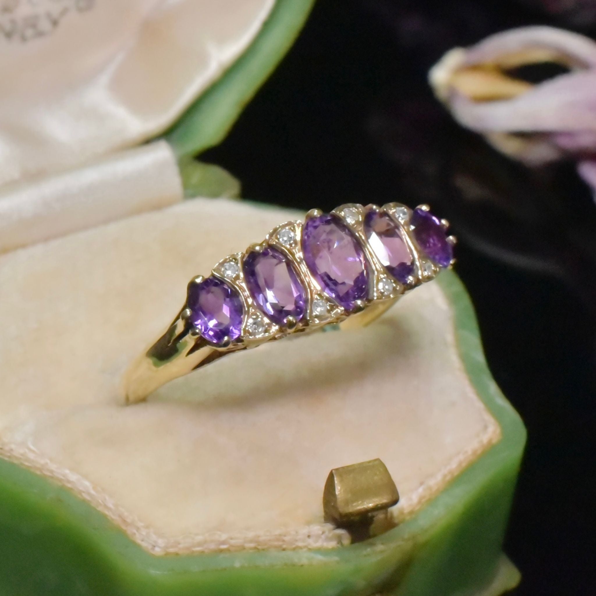 Vintage 9ct Yellow Gold Amethyst And Diamond Bridge Ring