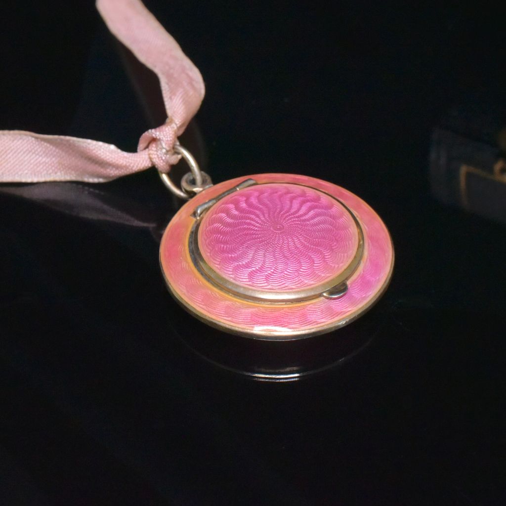 Antique Early 20th Century 935 Silver And Guilloché Pink Enamel Mirrored Compact Circa 1920’s