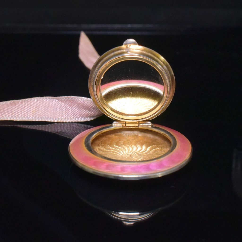 Antique Early 20th Century 935 Silver And Guilloché Pink Enamel Mirrored Compact Circa 1920’s