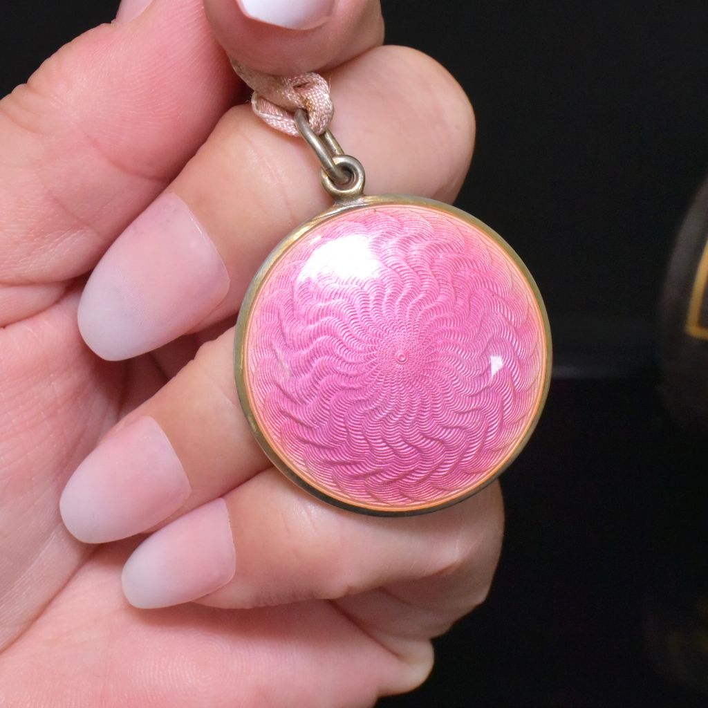 Antique Early 20th Century 935 Silver And Guilloché Pink Enamel Mirrored Compact Circa 1920’s