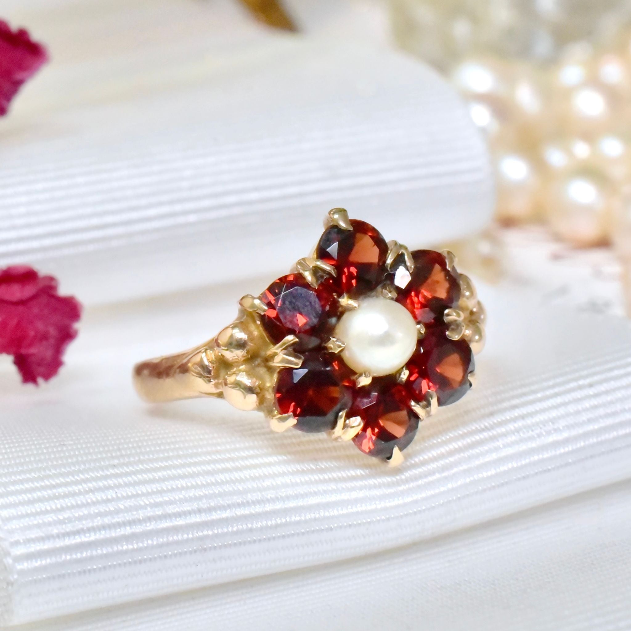 Superb Vintage 9ct Yellow Gold Garnet & Pearl ‘Daisy’ Halo Cluster - Birmingham 1961