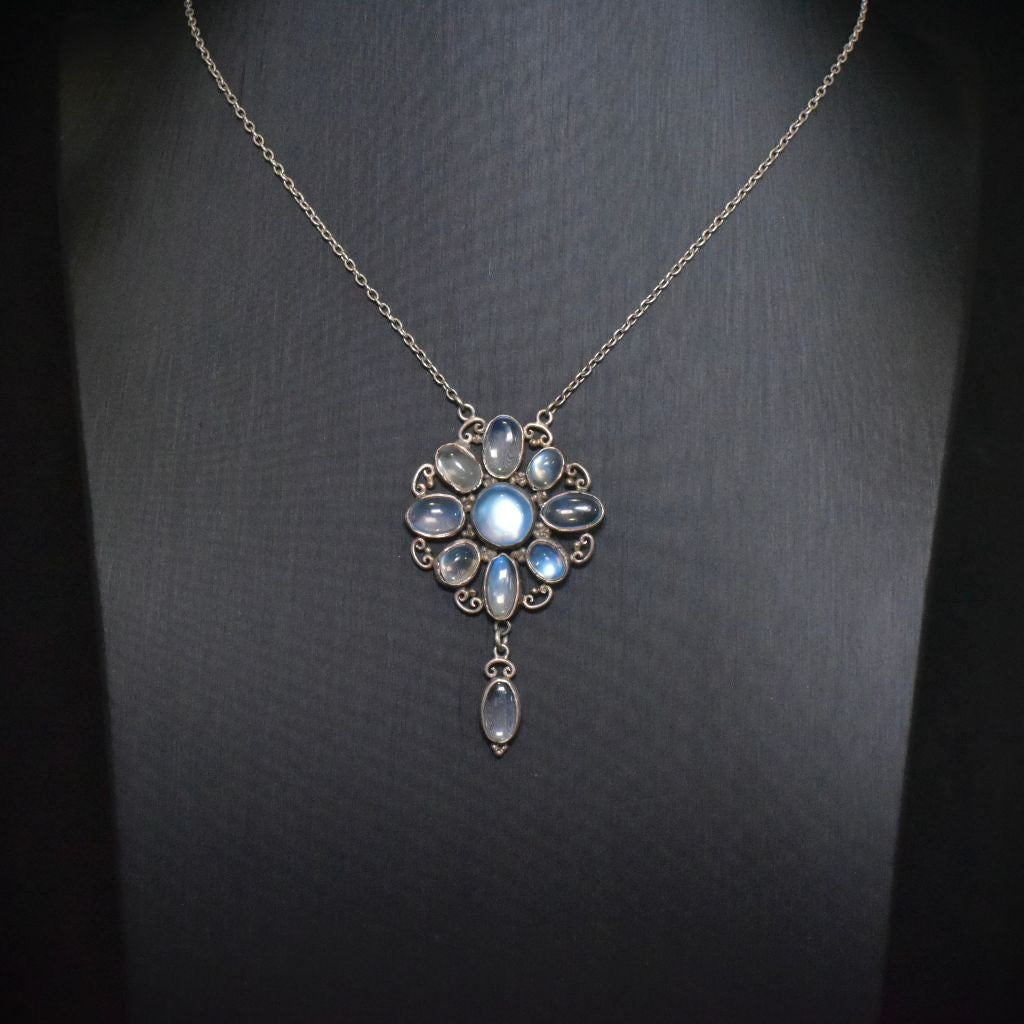 Antique Arts And Crafts Era Sterling Silver And Moonstone Floral Necklace Circa 1920