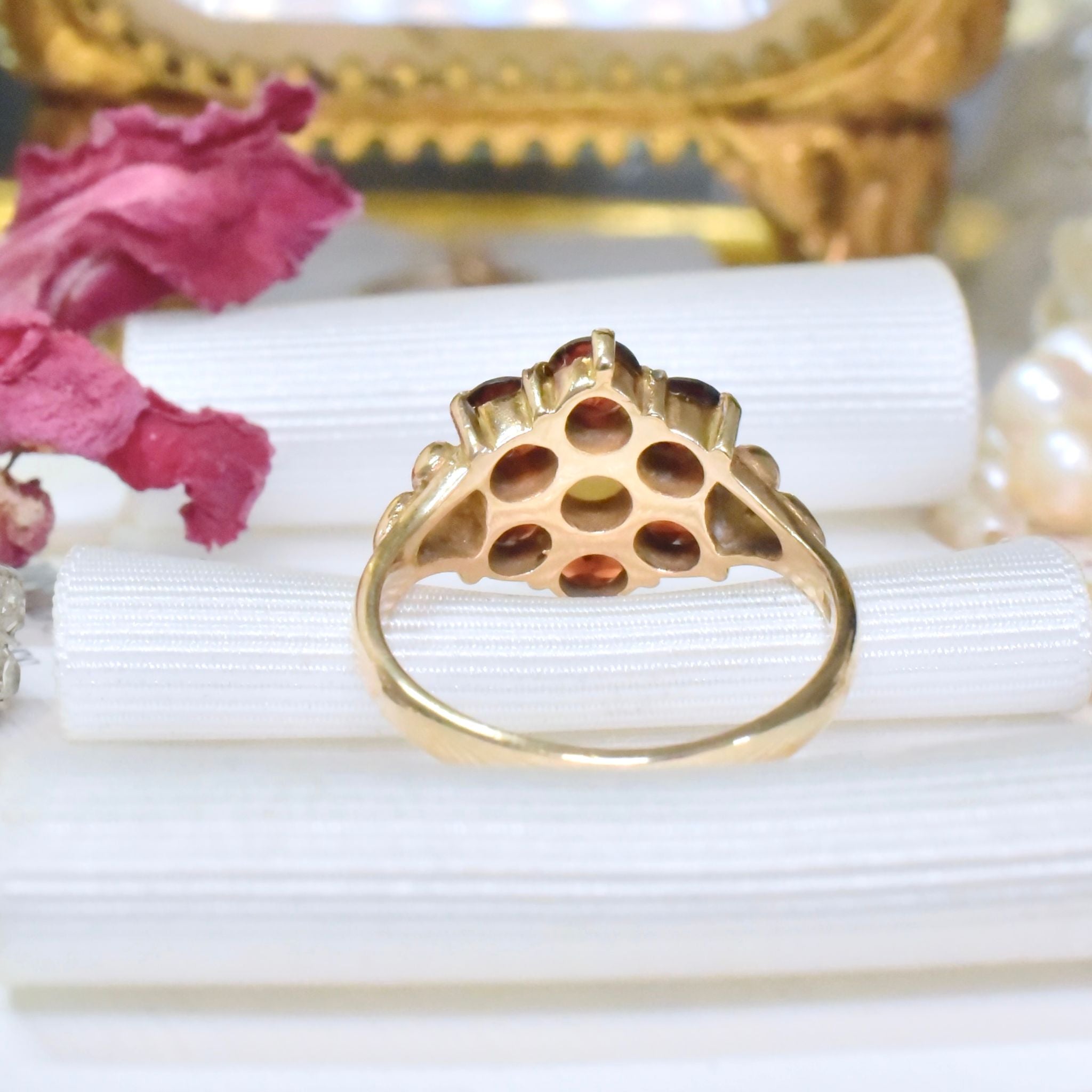 Superb Vintage 9ct Yellow Gold Garnet & Pearl ‘Daisy’ Halo Cluster - Birmingham 1961