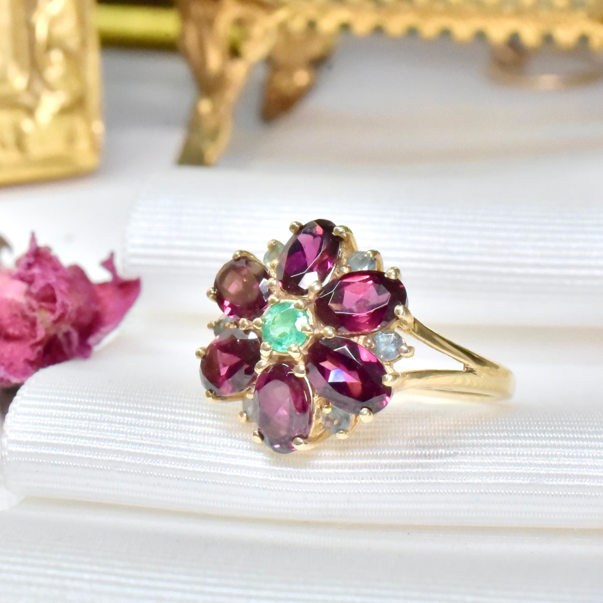 Contemporary 9ct Yellow Gold Garnet, Emerald, Topaz Daisy Halo Ring