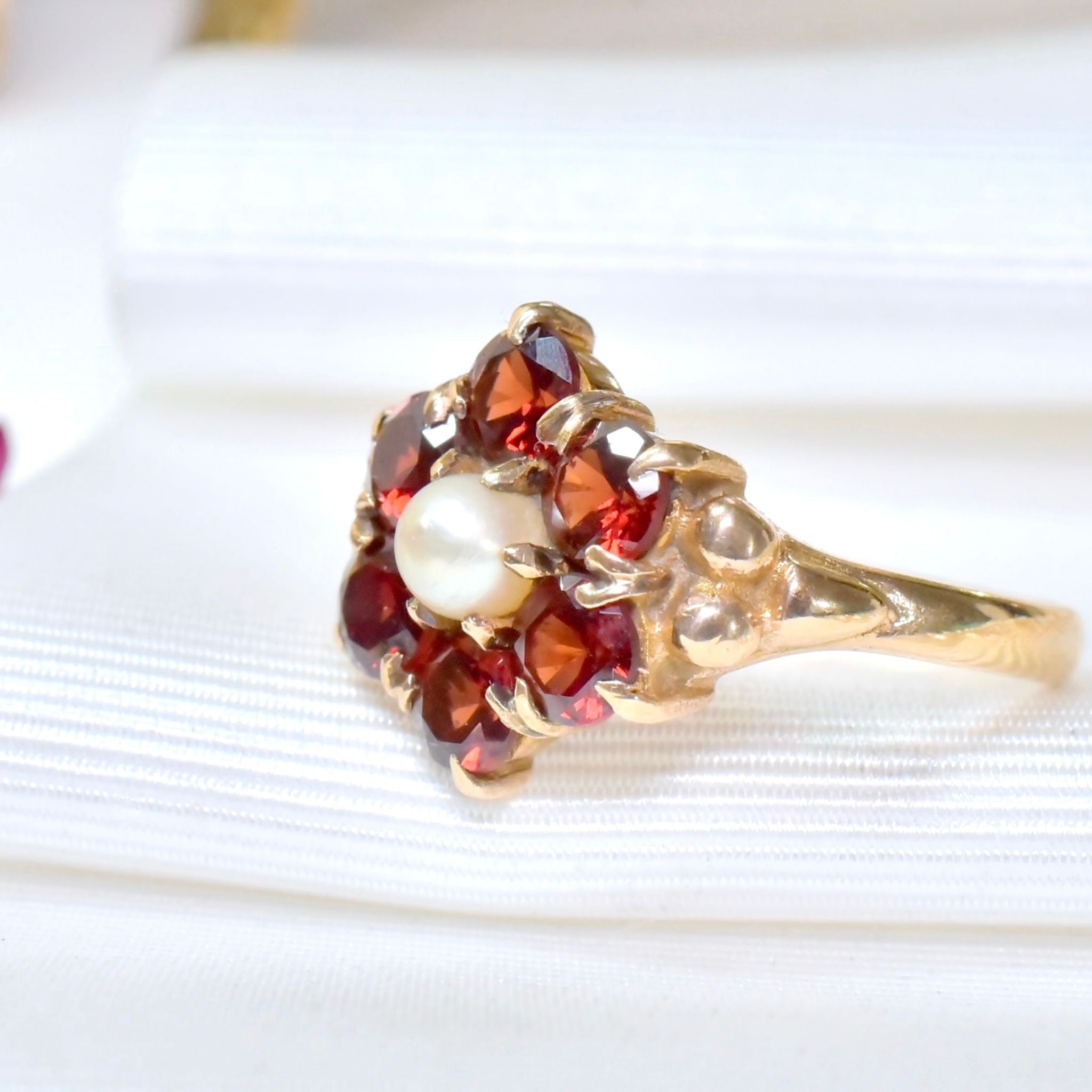 Superb Vintage 9ct Yellow Gold Garnet & Pearl ‘Daisy’ Halo Cluster - Birmingham 1961