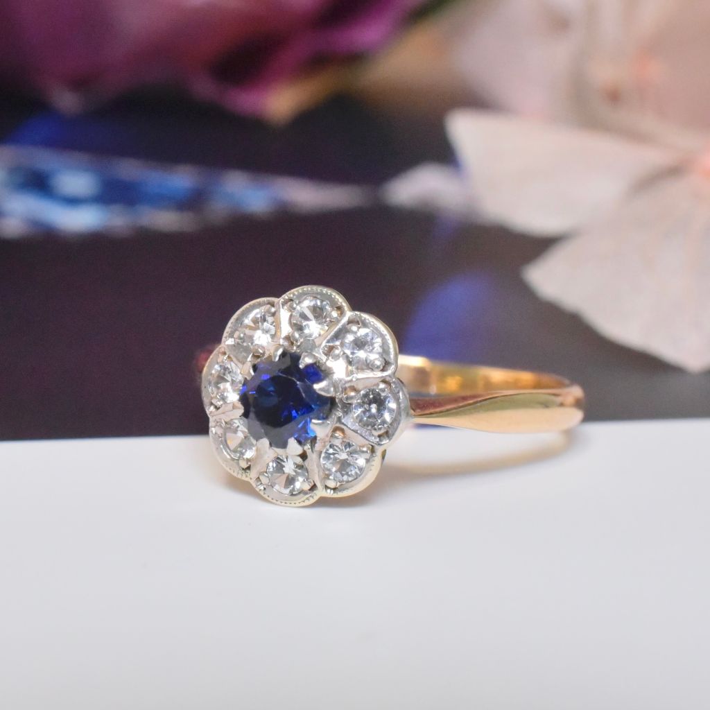 Antique Edwardian 9ct Yellow Gold Man-Made Sapphire And Spinel Daisy Ring - Payton, Pepper And Sons / Birmingham