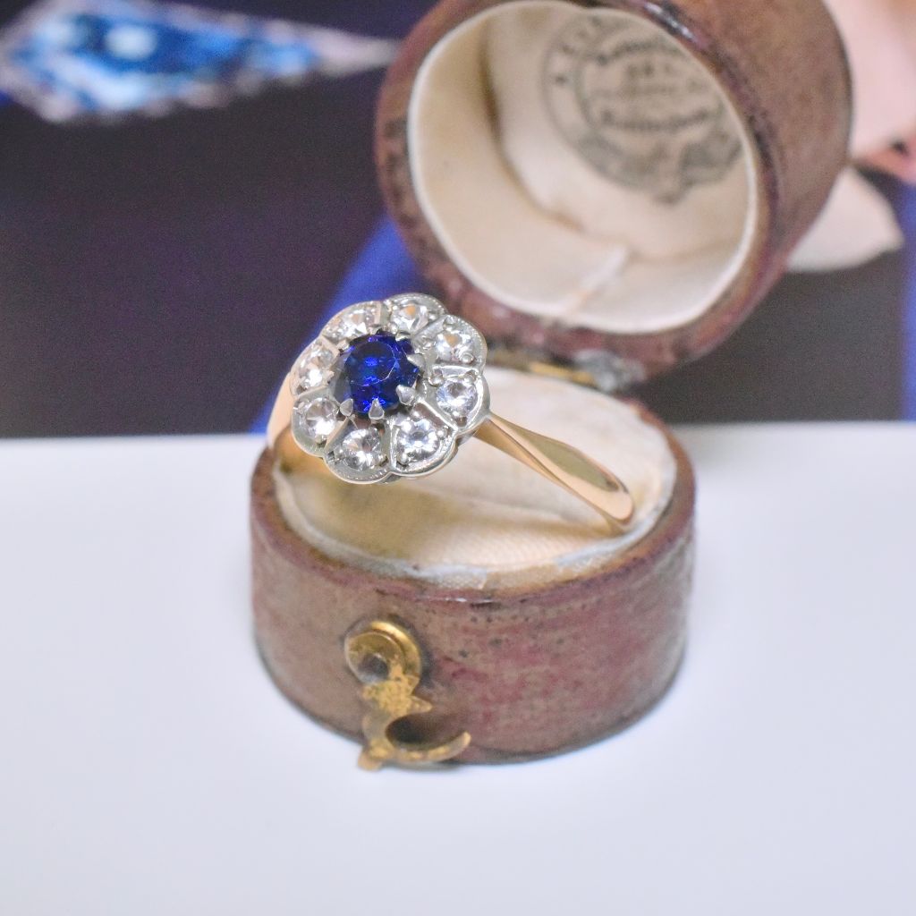 Antique Edwardian 9ct Yellow Gold Man-Made Sapphire And Spinel Daisy Ring - Payton, Pepper And Sons / Birmingham