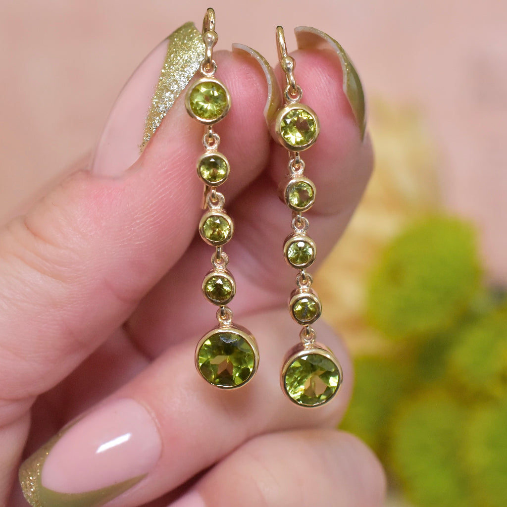 Modern 9ct Rose Gold And Peridot Articulated Drop Earrings