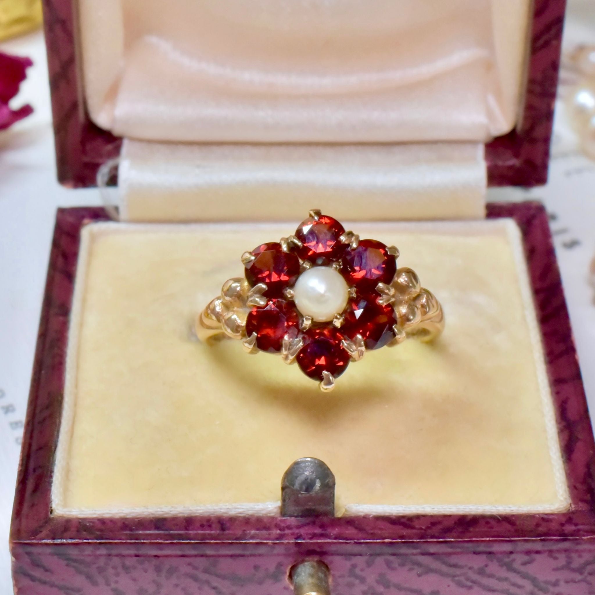 Superb Vintage 9ct Yellow Gold Garnet & Pearl ‘Daisy’ Halo Cluster - Birmingham 1961