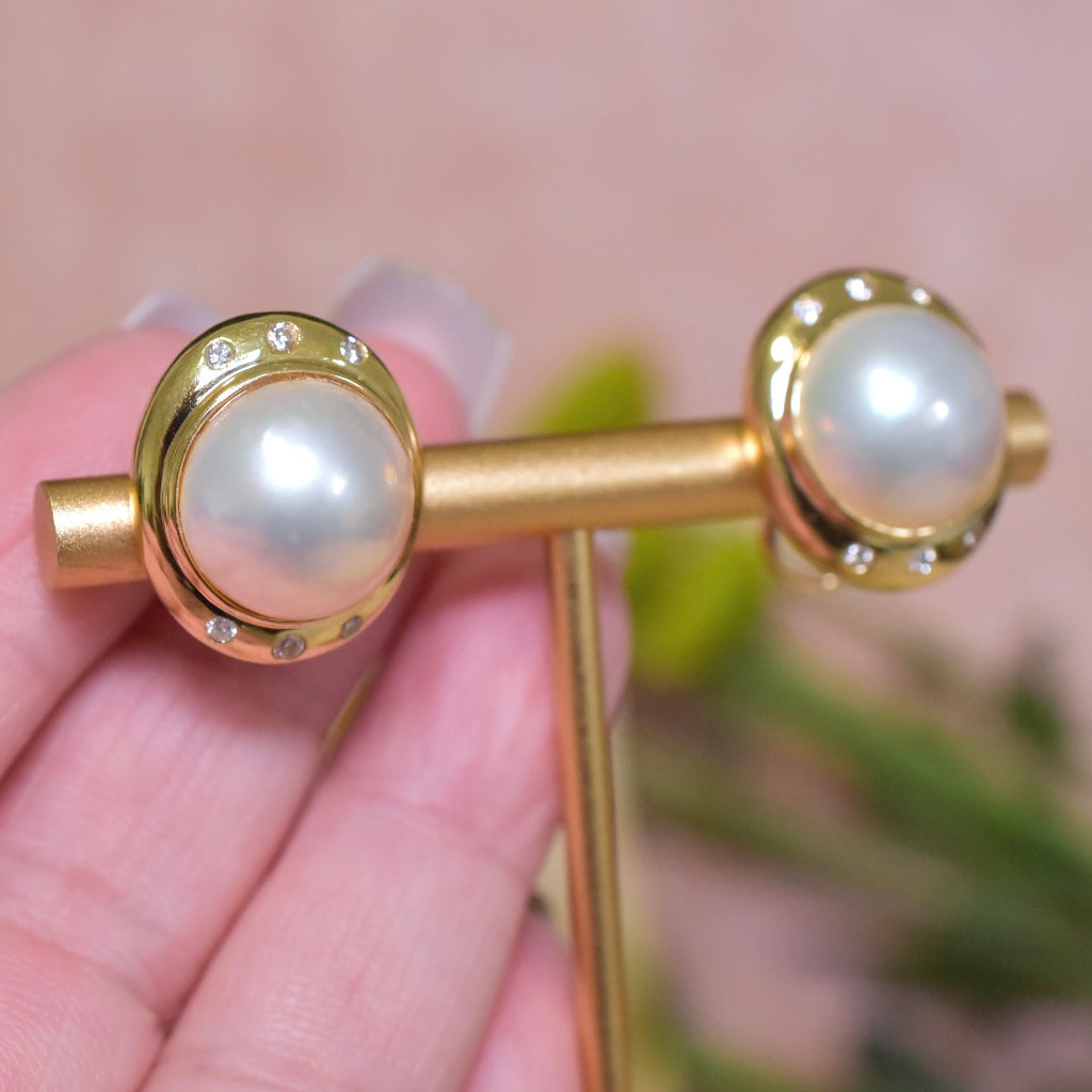 Superb Modern 18ct Yellow Gold Mabe Pearl And Diamond Earrings - 10 Grams