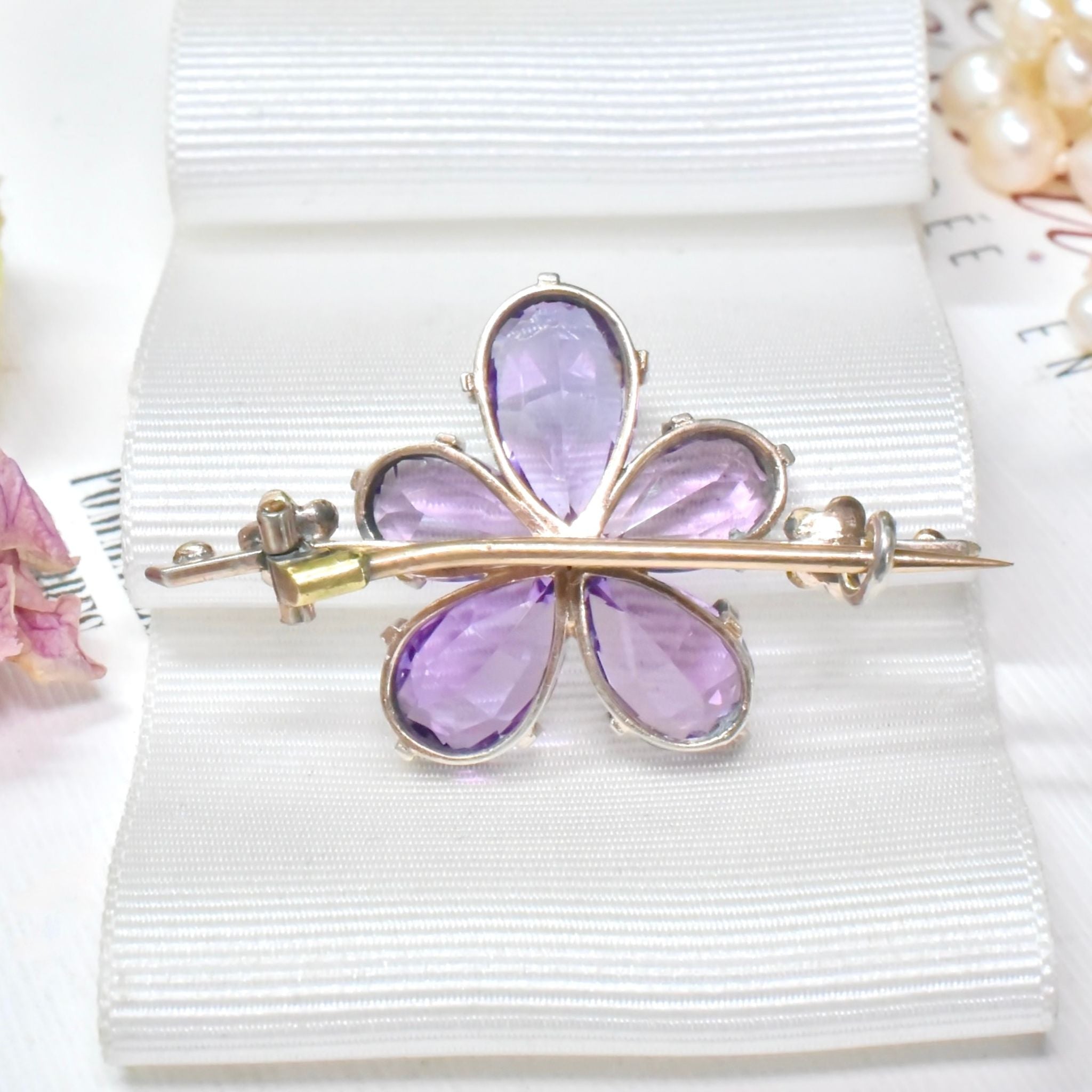 Antique Victorian Silver & Gold Gilt Amethyst, Diamond & Pearl ‘Pansy’ Brooch