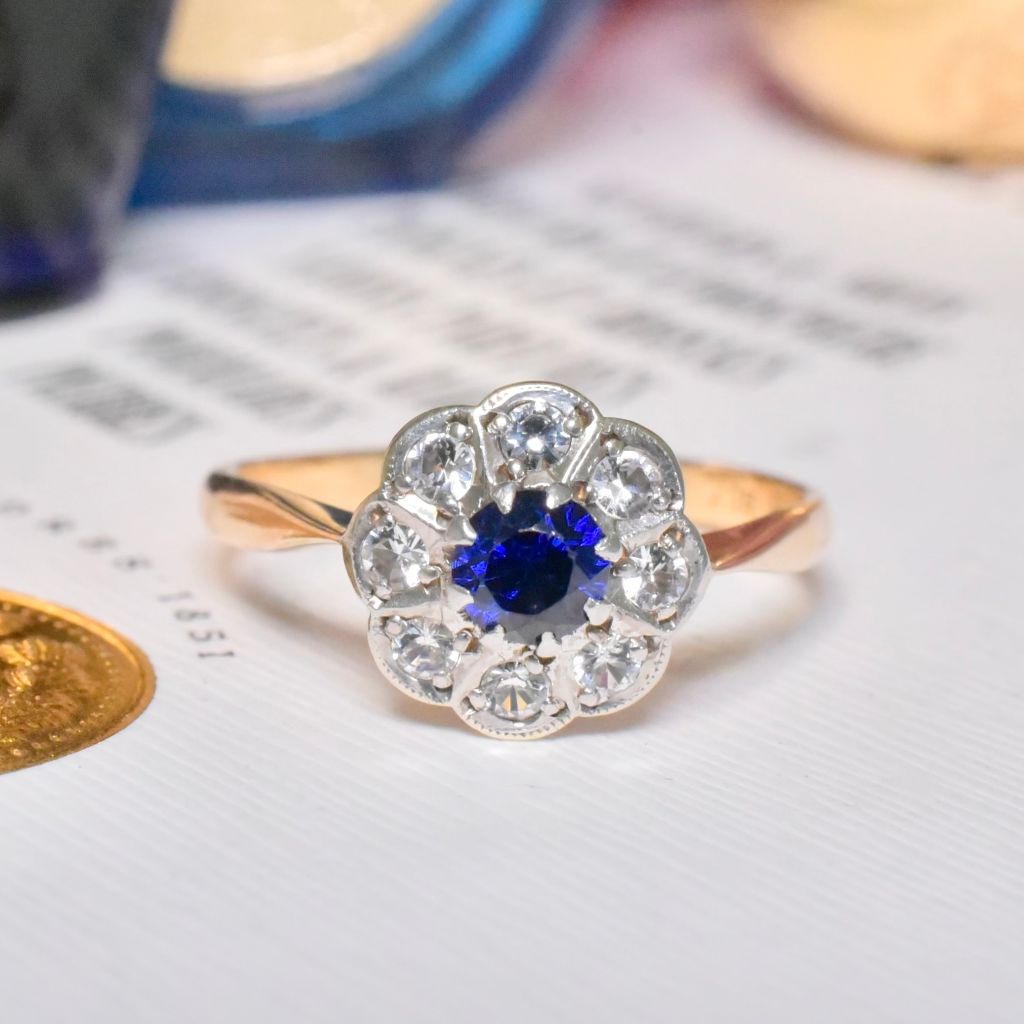 Antique Edwardian 9ct Yellow Gold Man-Made Sapphire And Spinel Daisy Ring - Payton, Pepper And Sons / Birmingham