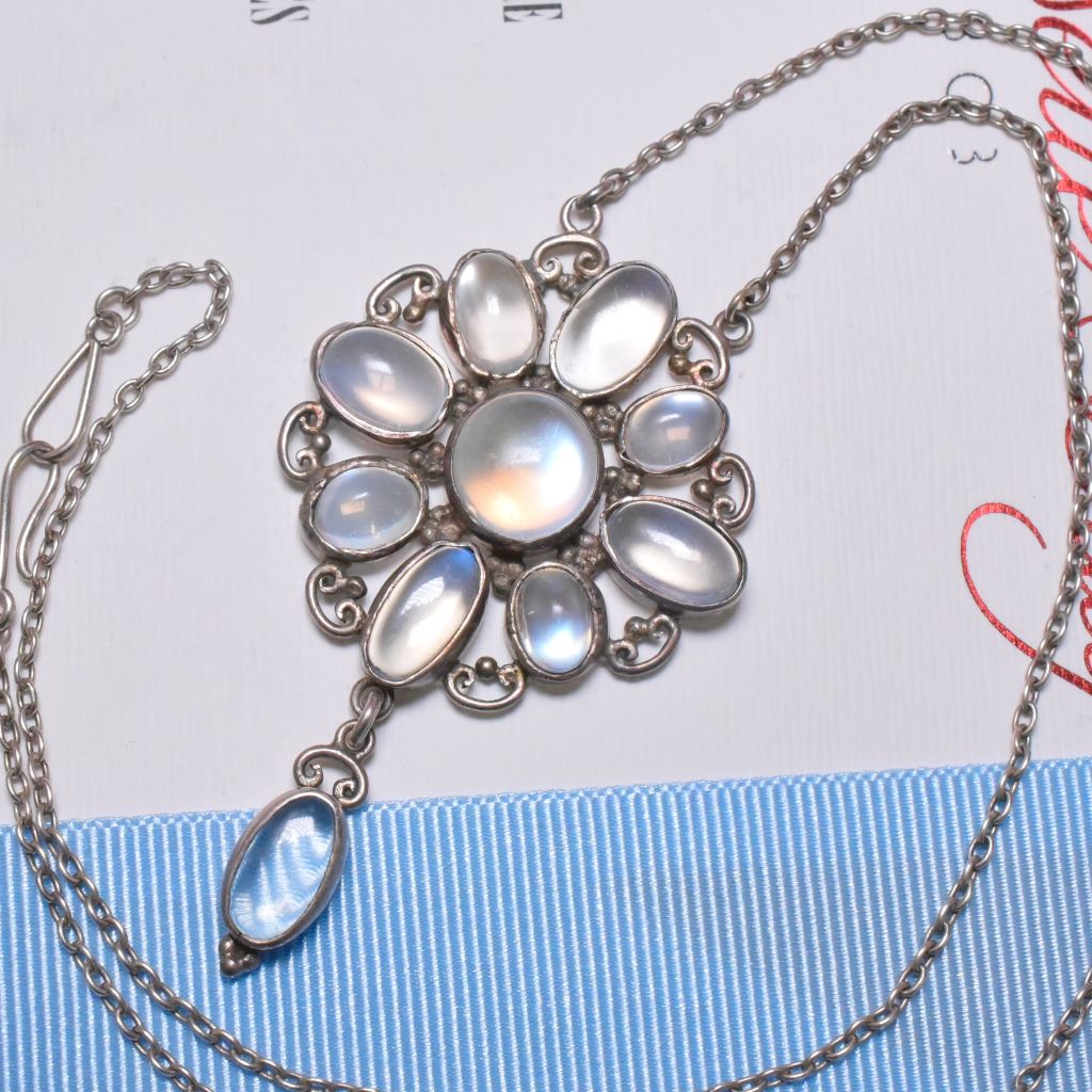 Antique Arts And Crafts Era Sterling Silver And Moonstone Floral Necklace Circa 1920