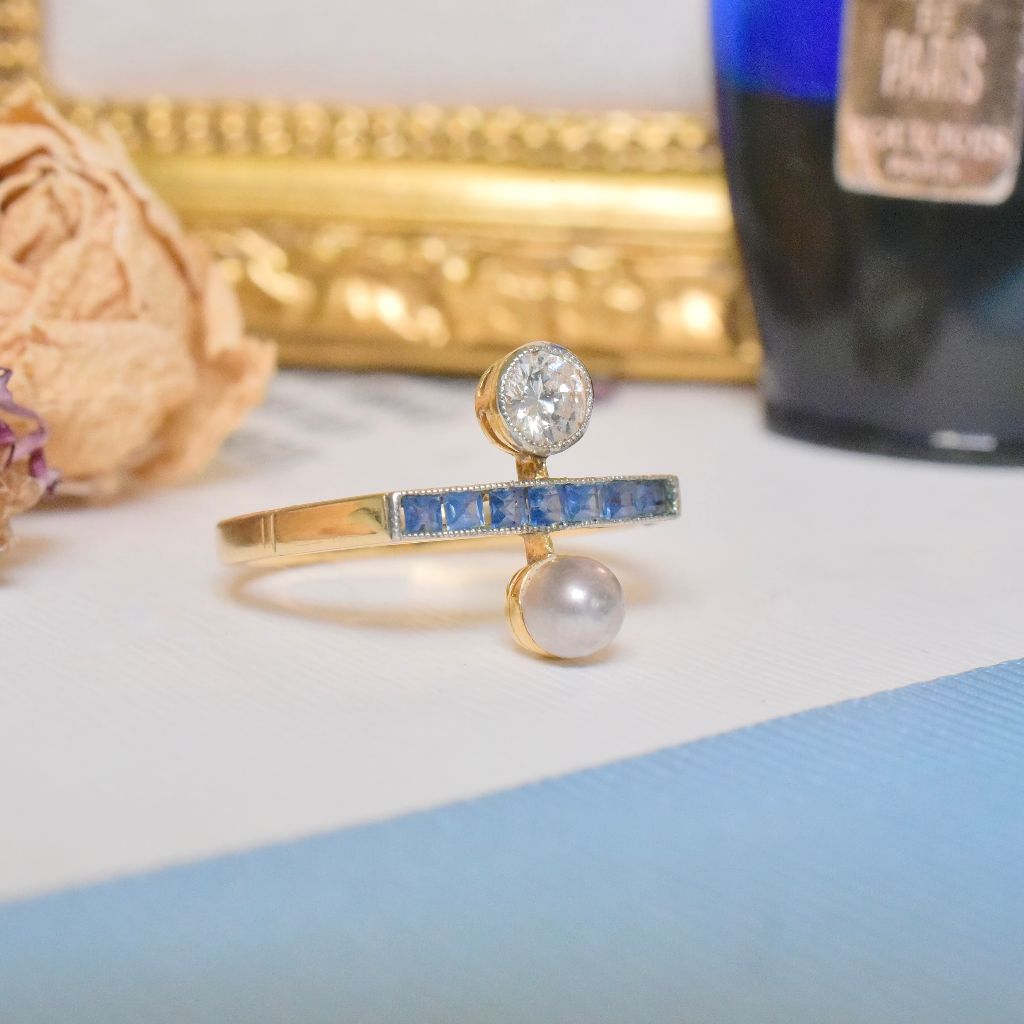 Antique 18ct Yellow Gold Diamond, Sapphire And Pearl Toi Et Moi Circa 1915