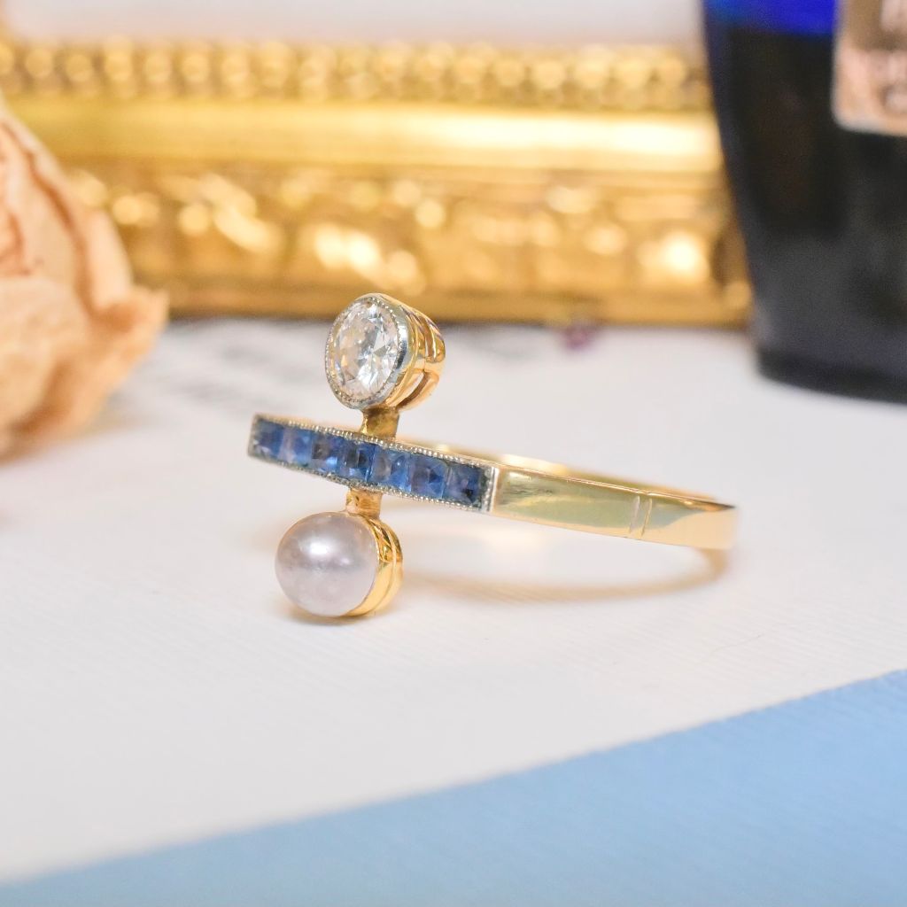 Antique 18ct Yellow Gold Diamond, Sapphire And Pearl Toi Et Moi Circa 1915