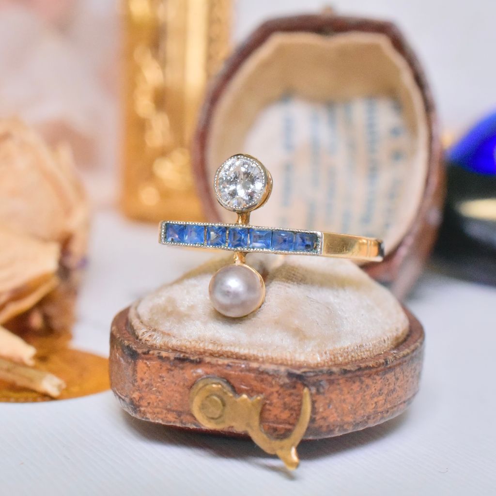 Antique 18ct Yellow Gold Diamond, Sapphire And Pearl Toi Et Moi Circa 1915