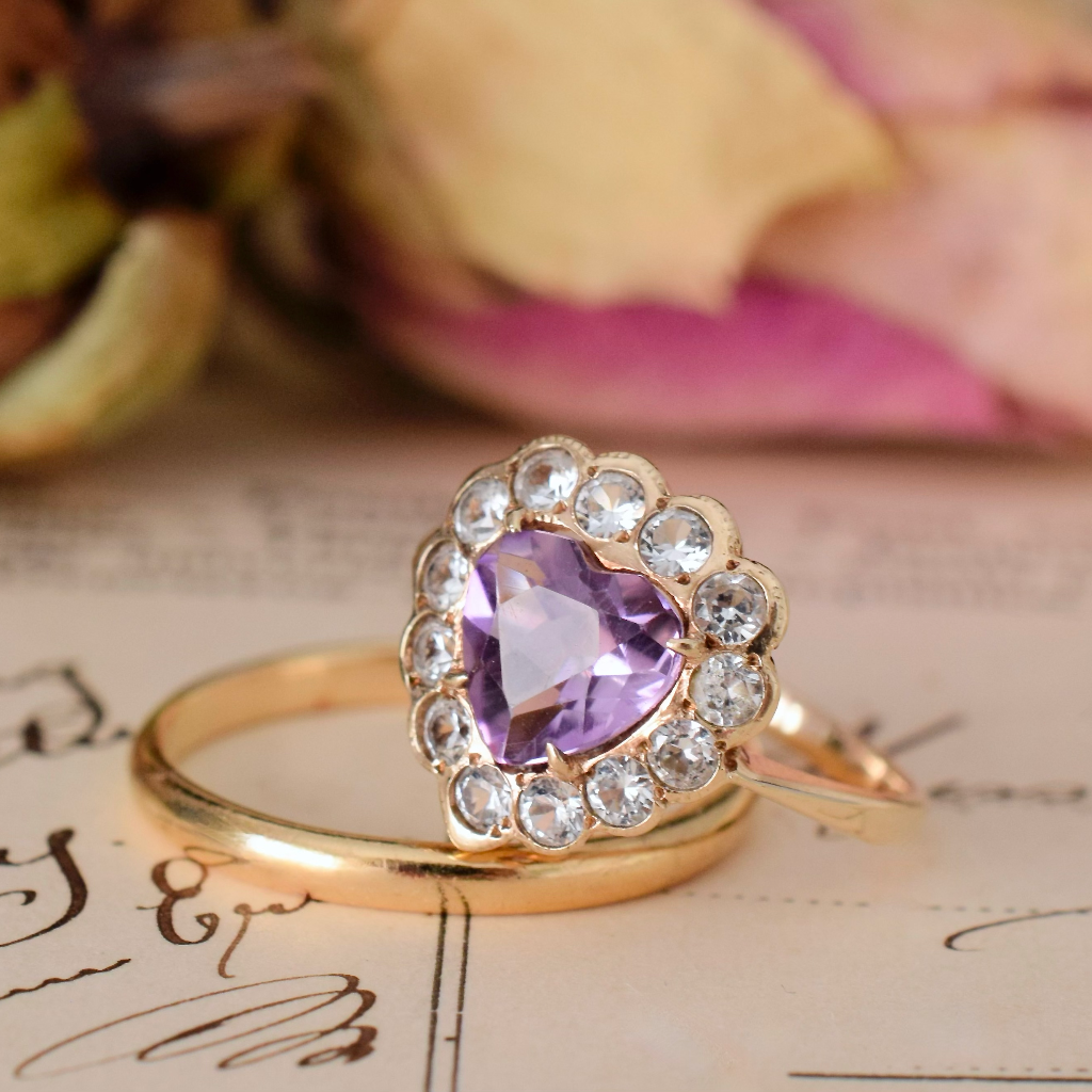 Vintage 9ct Yellow Gold Amethyst Heart And Spinel Ring - Birmingham 1958