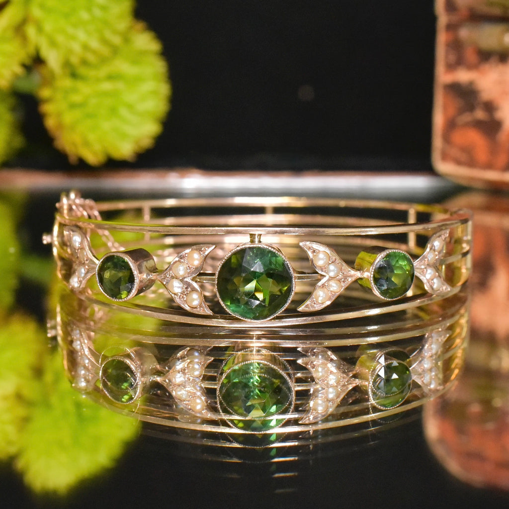 Antique Edwardian 9ct Rose Gold Green Tourmaline And Seed Pearl Bangle - Circa 1910-15