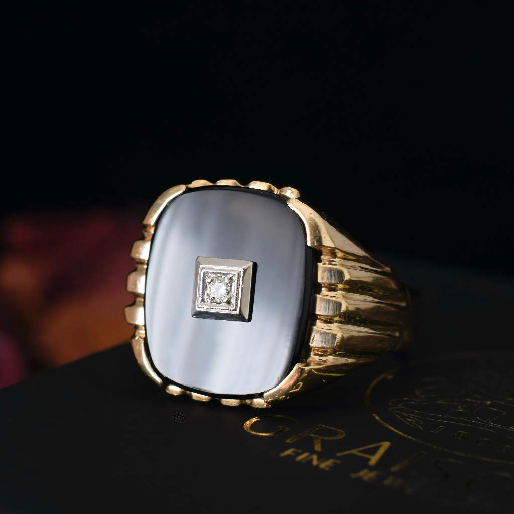Vintage 14ct Yellow Gold Onyx And Diamond Signet Ring Circa 1940-50’s