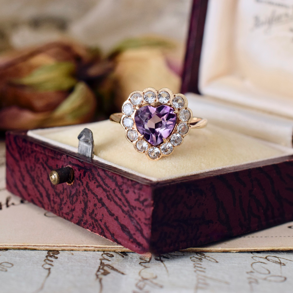 Vintage 9ct Yellow Gold Amethyst Heart And Spinel Ring - Birmingham 1958