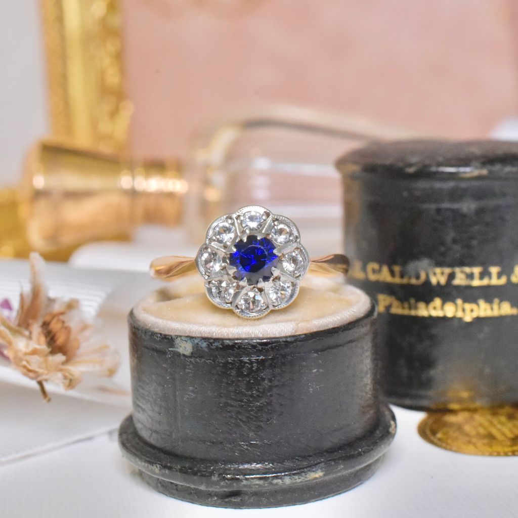 Antique Edwardian 9ct Yellow Gold Man-Made Sapphire And Spinel Daisy Ring - Payton, Pepper And Sons / Birmingham